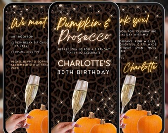 Pumpkin and prosecco birthday dinner digital invitation, women autumn video evite,editable template, A88