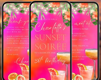 Sunset soirée 30th birthday digital invitation, tropical women dinner video evite, editable template, A131
