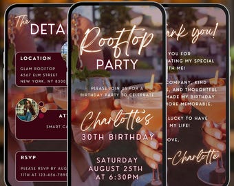 Rooftop birthday dinner party digital invitation,Women men video evite, Canva editable template, A188