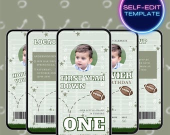May include: A set of five smartphone screens displaying a football-themed birthday invitation. The design features a child's photo, football graphics, and text including "First Year Down" and "One". The background is a light green with football field lines.