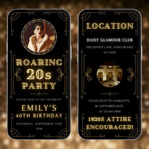 Digitale Geburtstagseinladung mit Roaring 20s, Video zum Thema Frauen im Jazz Age, bearbeitbare Vorlage, A240