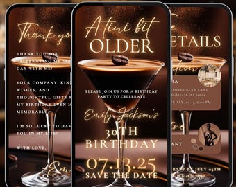 Una invitación para una noche de chicas con un espresso martini un poco más viejo, un video para un evento de cumpleaños número 21, un volante con cócteles, una velada para los años 30 y 40, un teléfono animado, un evite A39