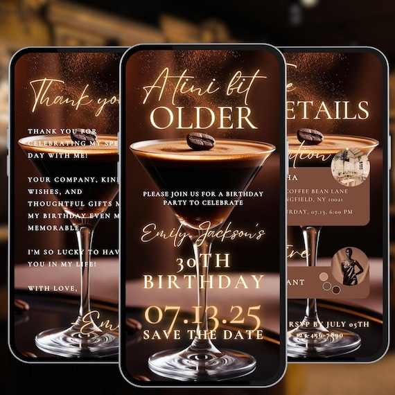 A tini bit older espresso martini girls night invite glam 21st birthday event video flyer cocktail soiree 30th 40th phone animated evite A39