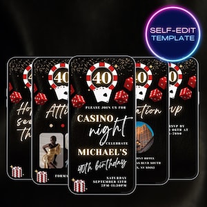 Invito video di compleanno al casinò, invito di lusso per social media, carte da gioco glamour, compleanno, serata di poker a Las Vegas, modello di invito digitale modificabile A1