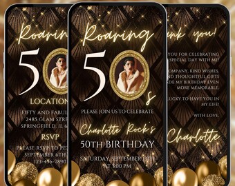 Roaring 50s birthday digital invitation,women theme party video evite, Canva editable template, A73