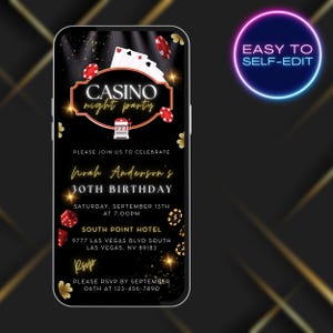 Könnte beinhalten: Digitale Einladung für eine Casino-Nacht-Party, angezeigt auf einem Smartphone. Das Design zeigt Spielkarten, Pokerchips und Würfel vor einem schwarzen Hintergrund. Der Text enthält Party-Details und RSVP-Informationen.