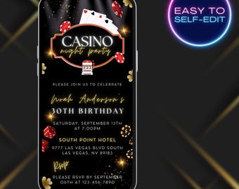 Invitación digital para fiesta de cumpleaños con temática de casino, invitación electrónica con vídeo para una noche en Las Vegas, plantilla editable de Canva, A245