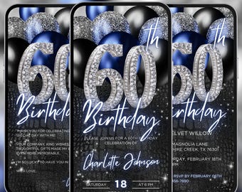 Blue silver 60th birthday dinner video evite, diamond balloon invite,editable Canva template, A96