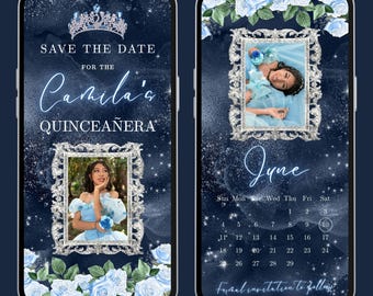 Blue Quinceañera Save the Date digital invitation,Mis Quince video evite, editable template, A193