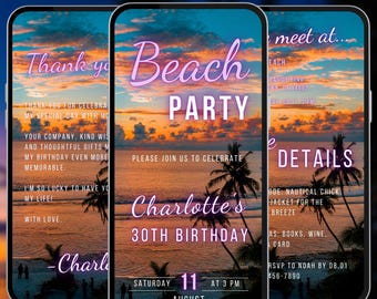 Beach party birthday video evite, adult event invite, summer theme celebration digital invitation, A112