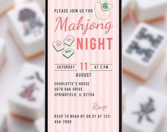 Mahjong girls night digital invite, game party animated phone invitation, Canva editable template, A238
