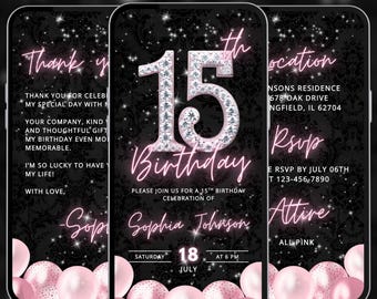 Pink 15 year old girl birthday digital invite, diamonds video evite, editable template, A168