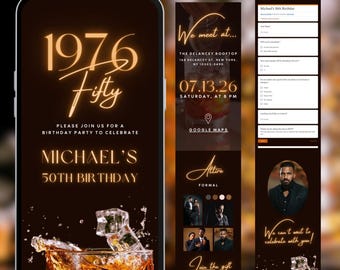 Man 50th birthday invitation RSVP tracker editable Canva template whiskey bday digital video photo virtual milestone celebration invite B05