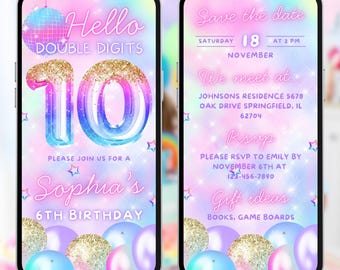 Pastel 10th birthday digital invitation, rainbow girl party video evite, Canva editable template, A235