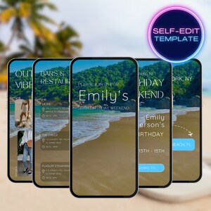 Self-edit Palm Beach Florida girls trip birthday weekend invitation, digital animated video invite, phone evite template, travel schedule