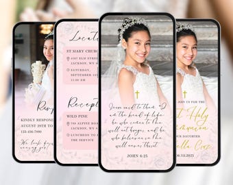 Blush Pink First Holy Communion Invitation with Photo, Girl Phone Evite, Canva Template, S59