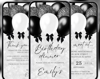 Black white birthday dinner invitation, girls bow balloon video evite, Canva editable template, A232