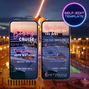Self-edit video birthday cruise trip itinerary template, digital 40th birthday cruise invitation, editable video cruise phone evite