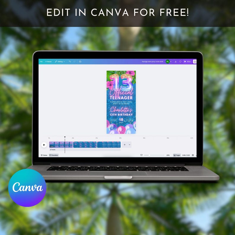 May include: A laptop displaying a birthday invitation design. The invitation features the text "Official Teenager" and "Charlotte's 13th Birthday." The Canva logo is visible in the lower left corner. The text "Edit in Canva for Free!" is at the top.
