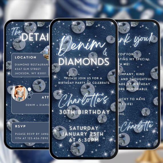 Digital denim and diamond birthday party video invitation thirty blue jeans animated invite glam evite template 30th luxury event flyer A151