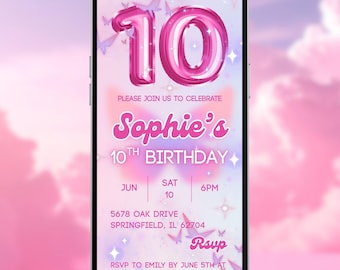 Pink 10th birthday digital invitation, girls video evite, 10 foil balloon, editable template, A173
