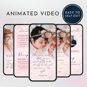 Modelo de vídeo editável de convite de batismo floral animado, convite digital de batismo de meninas em ouro rosa, foto de batismo e convite, convite por telefone