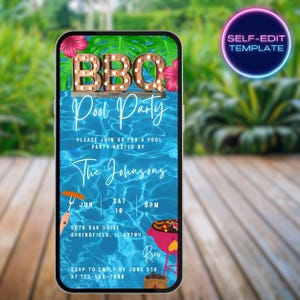 BBQ pool party video evite friend family tropical barbeque celebration electronic invite backyard swim summer event animated diy flyer A166