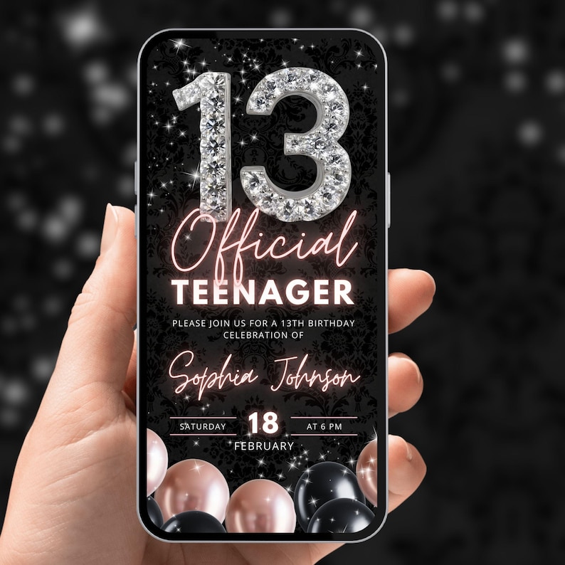 pink diamonds glitter teen bday party video evite