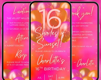 16 shades of sunset birthday digital invitation, sweet sixteen summer party video evite, A37