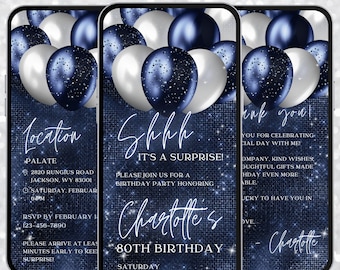 Navy blue silver 80th birthday digital invitation, women surprise dinner evite, Canva template A68