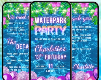 Waterpark birthday party video evite teen water pool electronic park bday invite summer swimming event social media editable invitation A171