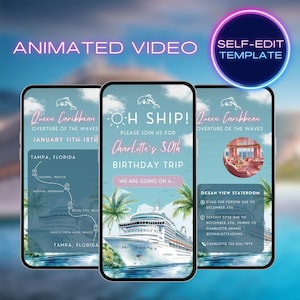 Könnte beinhalten: Eine selbst zu bearbeitende Videovorlage für eine Geburtstags-Kreuzfahrt-Einladung. Die Vorlage zeigt ein karikatürliches Kreuzfahrtschiff, eine Karte der Kreuzfahrtroute und den Text "O-H SHIP! Bitte schließen Sie sich uns für Charlottes 50. Geburtstagsreise an".