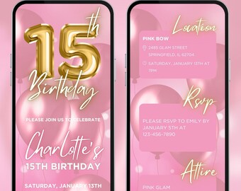Pink 15th birthday digital invitation,gold girls teen party evite video,editable template,A08