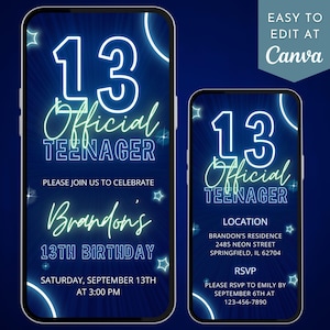 13e jongen uitnodiging officiële tiener 13 uitnodigen neonblauw verjaardagsfeestje video jongens evite bewerkbare dertiende verjaardag verzenden per telefoon geanimeerd
