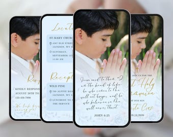 Blue First Holy Communion Invitation with Photo, Boy Phone Evite, Canva Editable Template, S60