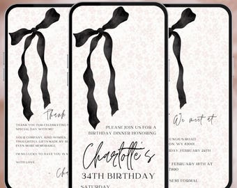Black bow birthday dinner digital invitation, lace coquette woman video evite, editable template, A231