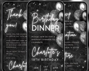 Zwarte en zilveren uitnodiging voor een verjaardagsdiner, elegante uitnodiging voor een verjaardagsdiner, digitale uitnodiging voor een feest in zwart-zilver, mobiele sjabloon, video A129