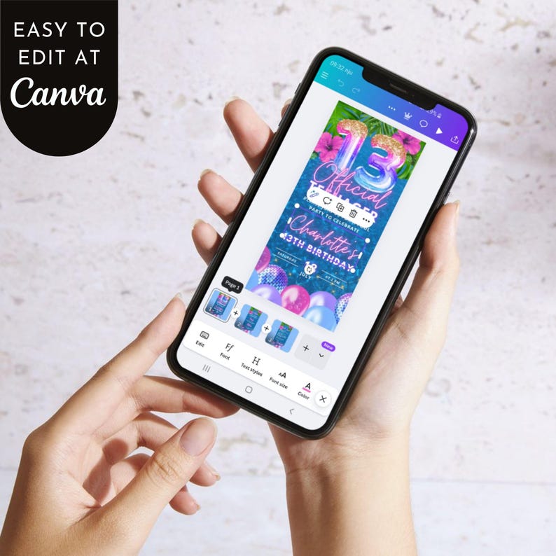 May include: A smartphone displays a birthday party invitation design. The design features a large "13" with floral and balloon accents, the text "Official", "Charlotte's 13th Birthday", and the Canva logo. The phone is held in a person's hands.