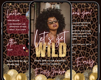 Leopard print birthday digital invitation, cocktails girls night out video evite, editable template, A200