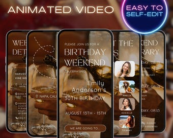 Convite para festa de aniversário com degustação de vinhos, roteiro de fim de semana, modelo de convite digital em vídeo para viagem de amigas a Napa, A66