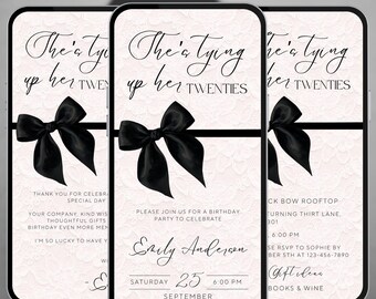 Shes tying up her twenties 30th birthday animated invite black bow bday video invitation editable Canva template coquette thirty evite A234