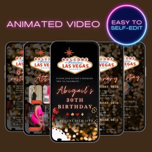 Plantilla de itinerario digital de fin de semana para escapadas de chicas a Las Vegas, invitación de cumpleaños a Las Vegas, plantilla de video animado para teléfono, invitación de cumpleaños para adultos