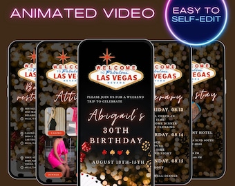 Las Vegas girls getaway trip digital weekend itinerary template, Vegas birthday invite, phone animated video template evite, adult birthday