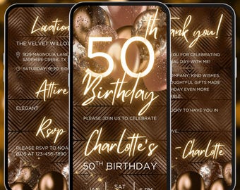 Brown gold women 50th birthday party video invitation, bronze gold balloons digital invite, A174