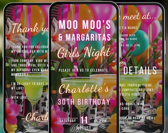 May include: Three smartphone screens displaying a party invitation. The invitation features the text "Moo Moo's & Margaritas Girls Night" and "Charlotte's 30th Birthday." Colorful balloons, flowers, and margaritas are also visible.