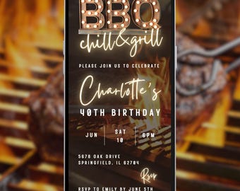 Chill and grill birthday bbq video evite summer barbeque diy electronic invite backyard bday party digital cookout event editable flyer A102