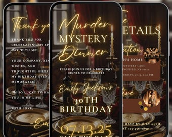 Könnte beinhalten: Drei Smartphone-Bildschirme mit einer Einladung zum "Murder Mystery Dinner". Das Design zeigt eleganten goldenen Text, verziertes Geschirr und einen dunklen, atmosphärischen Hintergrund. Die Einladung enthält Eventdetails und "Save the Date".
