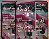 Boat party birthday video evite yacht bday event social media invite sailing trip itinerary digital invitation pink glam editable flyer A78