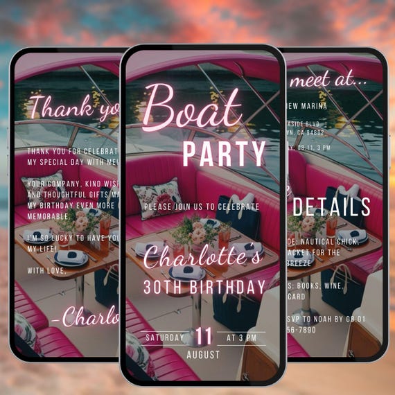 Boat party birthday video evite yacht bday event social media invite sailing trip itinerary digital invitation pink glam editable flyer A78