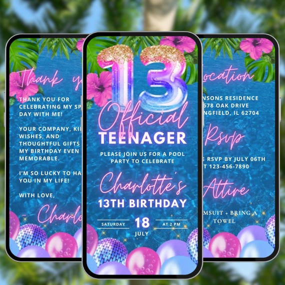 Teenage swim party invite girls 13th birthday pool teen swimming bday video evite neon summer thirteen digital kids phone invitation A149